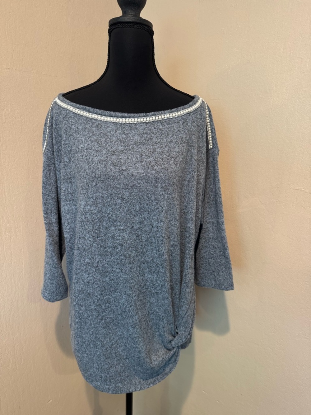 Montana Bluish Grey Knit Sweater with Faux Pearl Beaded and Sparkle Trim